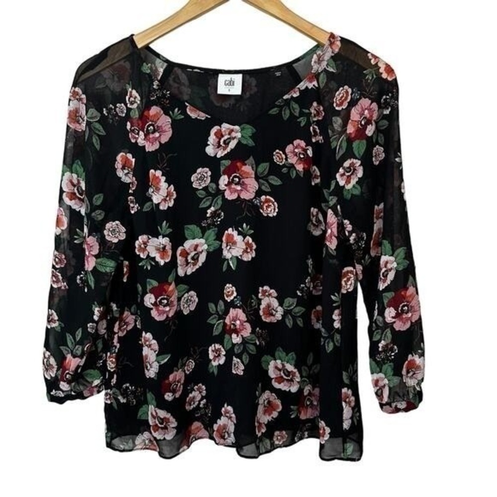 Cabi Sheer Floral Top V Neck 3/4 Sleeve Pullover Black Pink Green Boho Coquette